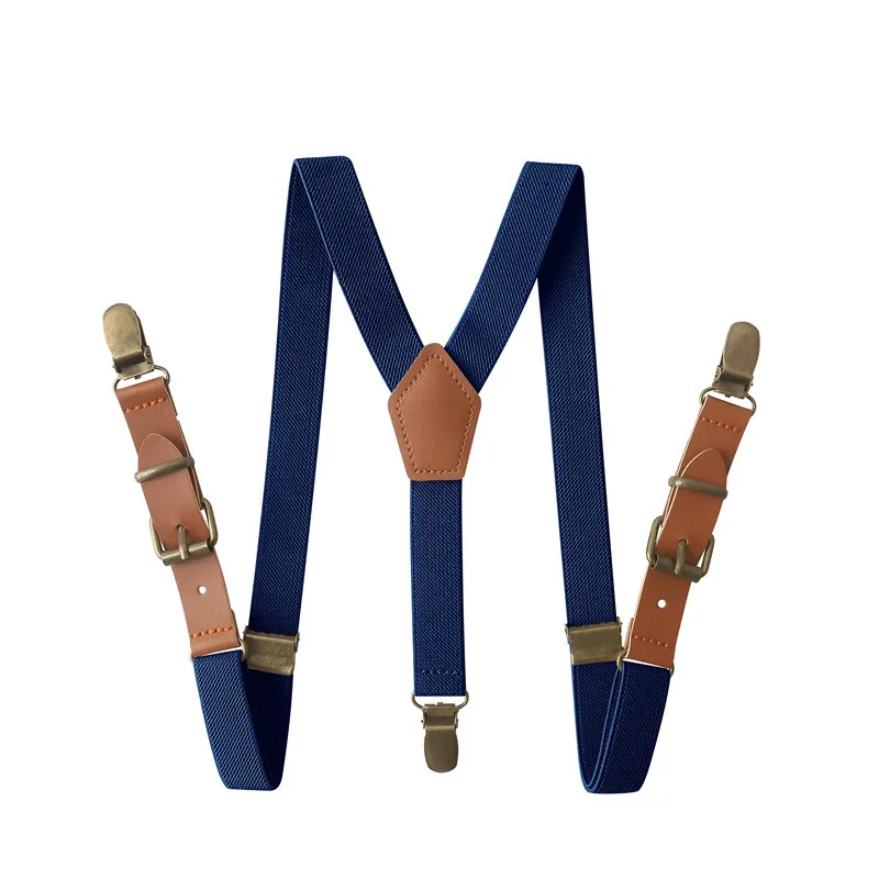 Vintage Brown Leather Alloy 3 Bronze Clips Kid Ring Bearer Vintage Casual Suspenders Western-Style Trousers Boy\'s Braces Strap