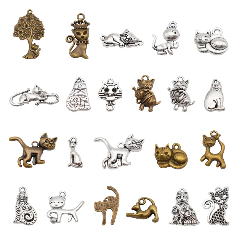 20PCS Mixed Alloy Cat Charms Vintage Animal Pet Cat Pendant Necklace Bracelet Jewelry DIY Funny Brooch Keychain Home Decor