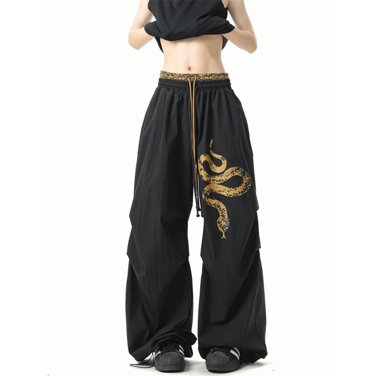 Women's Y2K Streetwear Oversized Baggy Pants Black with Snake Print Drawstring Wide Leg Trousers Casual Fashion Pants