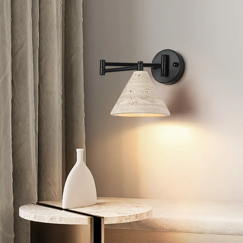 Nordic Design Rocker Arm Wall Lamp LED G9 Yellow Travertine Retractable Wall Mounted Bedroom Bedside Parlor Background Reading