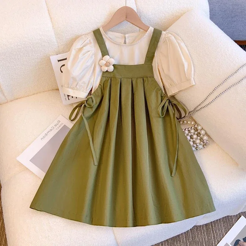 Girls Summer Dress Set Kids Top+Suspender Skirt 2Pic Children Flower Leisure Suit Youth Party Clothes Kids Dress 8 9 11 12 Years