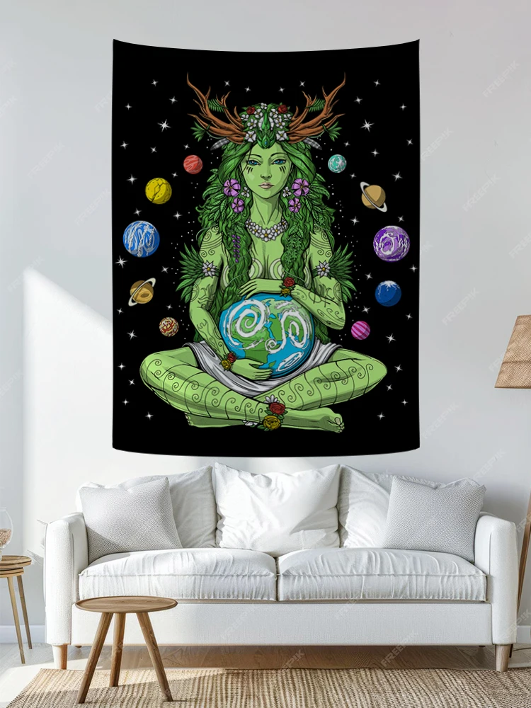 نسيج Gaia Mother Earth للتعليق على الحائط، نسيج فني آلهة الطبيعة، نسيج هيبي روحي لغرفة النوم المنزلية، ديكور النوم