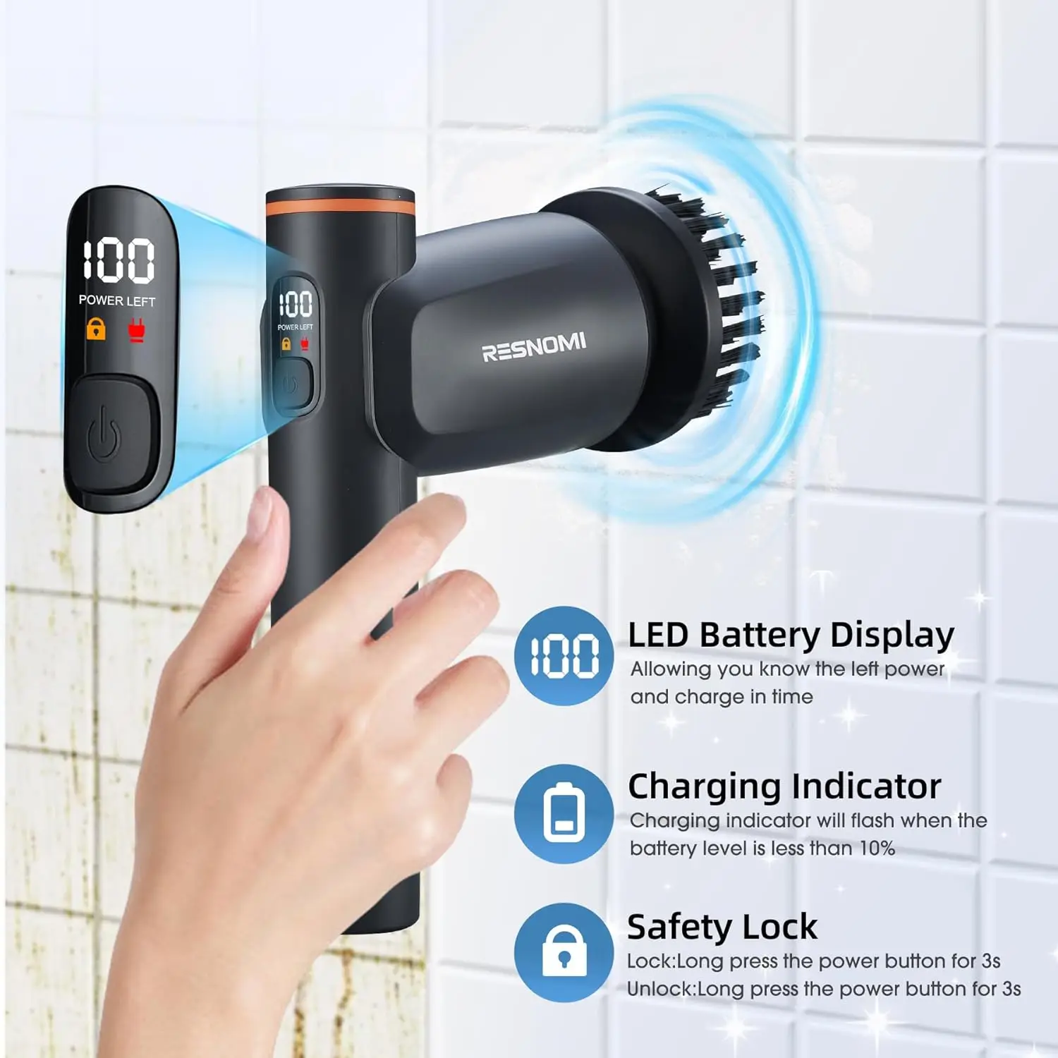 جهاز تنظيف دوار كهربائي، لاسلكي مع 6 رؤوس، سرعتين، وقت تشغيل 4 ساعات، مقاوم للماء IPX7، شاشة LCD، رمادي-أسود #6