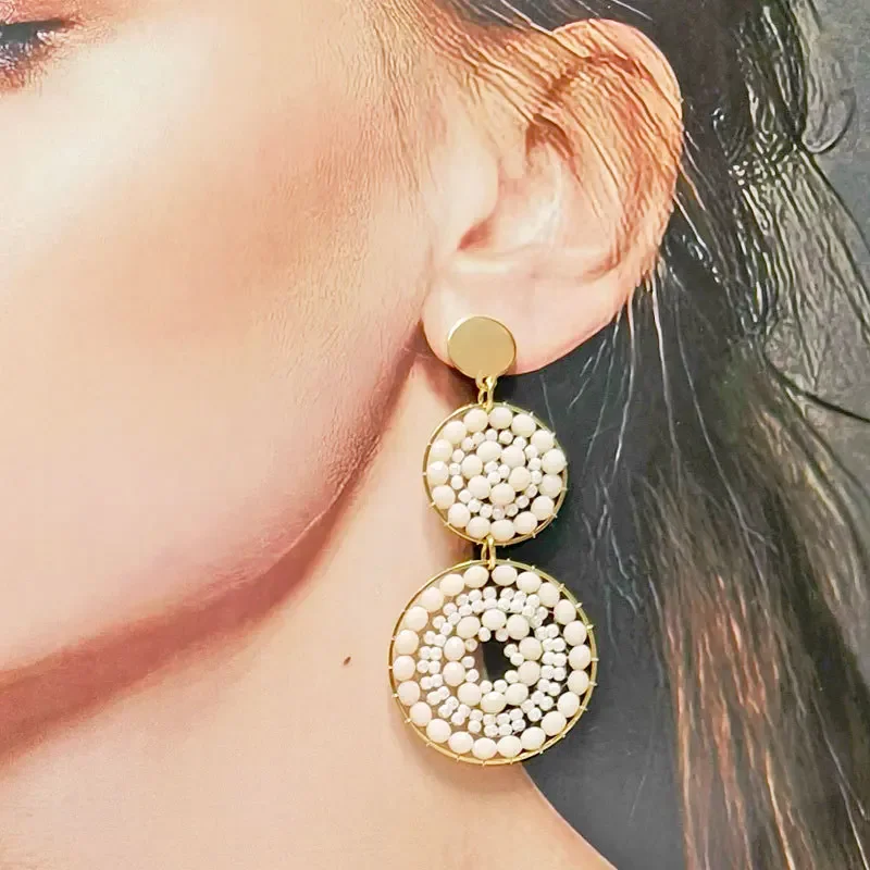 Bohemia Rice bead earrings Circle Off-white Personality Original text Crystal Hand weaving Alloy female Retro Beaded earrings