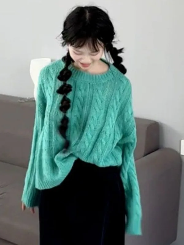 En محبوك سترة المرأة فضفاضة تناسب طويلة Sve جولة Ne البلوز Dopne Faion الكورية Sle الخريف الشتاء الملابس