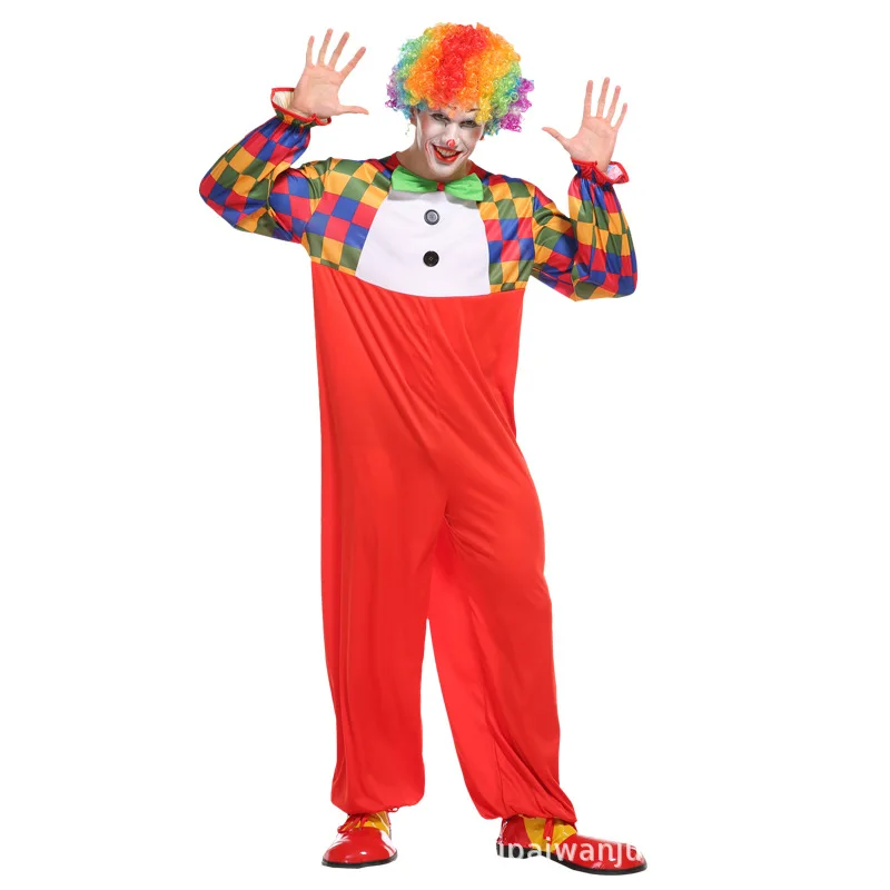 Grappige Vrouwen Mannen Gestippeld Clown Volwassen Formaat Kostuums Halloween Cosplay Party Kerst Jumpsuit