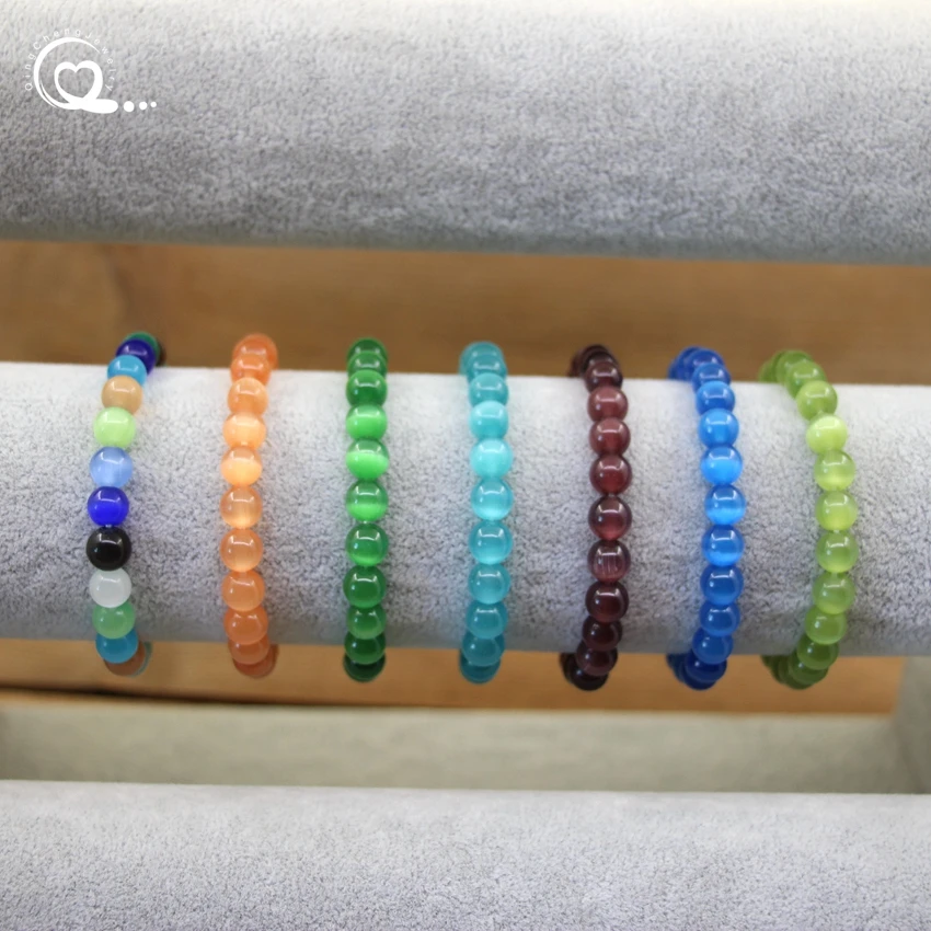 Cat Eye Stone Round Bead Bracelets Healing Crystal Blue Pink Green Yellow Purple White Opal Elastic Bangles Women Jewelry QC2087