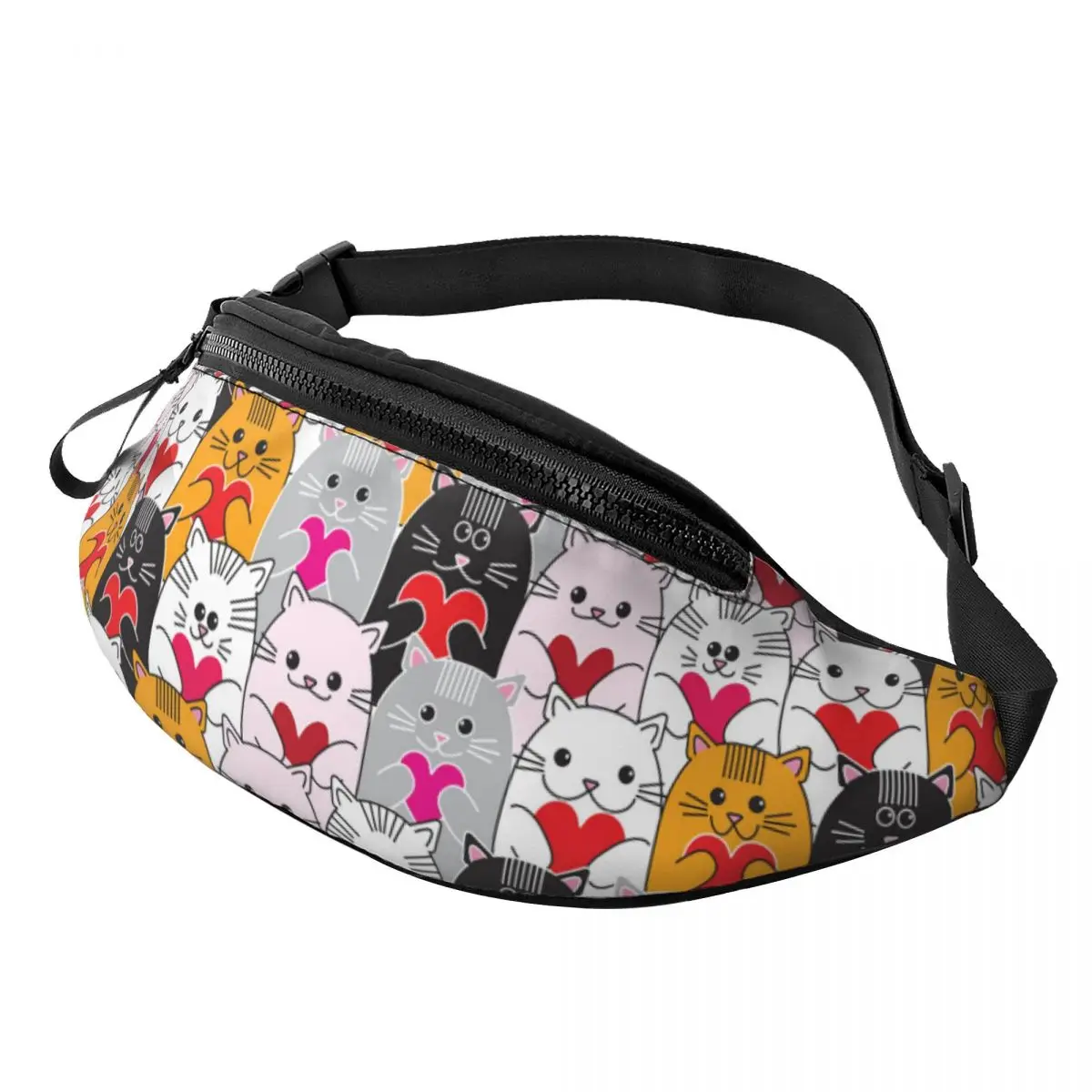 Personalized Cats Love Hearts Fanny Pack for Men Women Cool Cartoon Kitten Crossbody Waist Bag Travel Hiking Phone Money Pouch