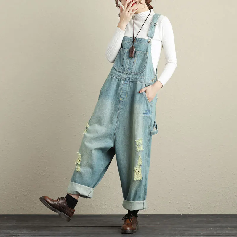 

Trendy Plus Size Distressed Light Wash Denim Overalls for Women - Relaxed Fit, Stylish and Comfortable