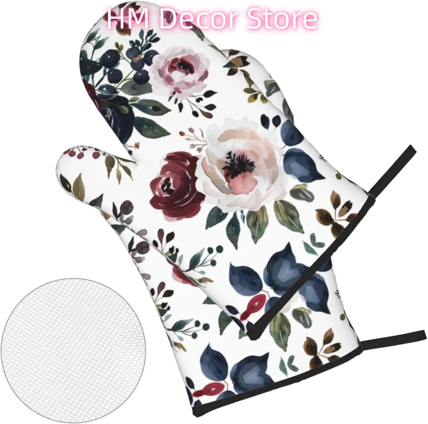 Navy Blue White Floral Oven Mitts and Pot Holders Sets of 4, Cute Heat Resistant Oven Mitts - Non-Slip Cooking Gloves for Kitche