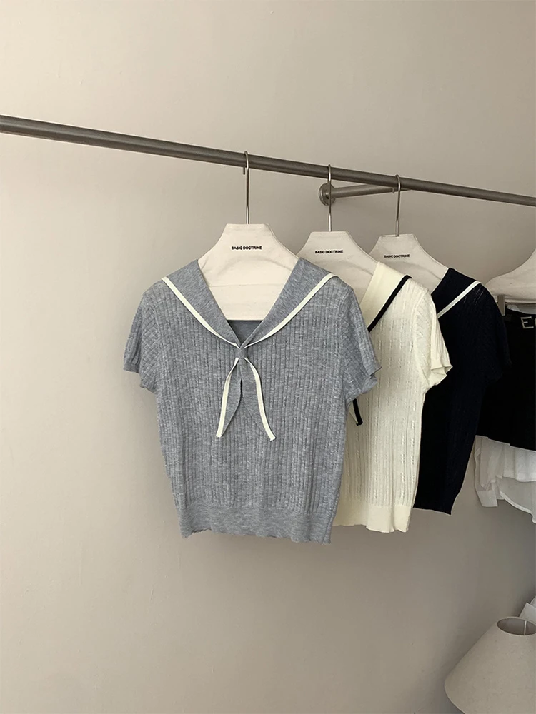 

Sailor Collar Knit Short Sleeve Tops Women Fashion Chic Patchwork Shirt Summer Slim Short Sleeve T-shirt Korean Style Clothes