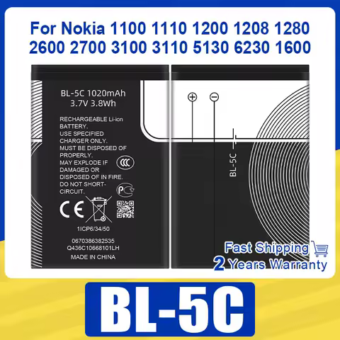 BL-5C BL5C 3.7V 1020mAh Phone Battery For Nokia 1100 1110 1200 1208 1280 2600 2700 3100 3110 5130 6230 1600 battery