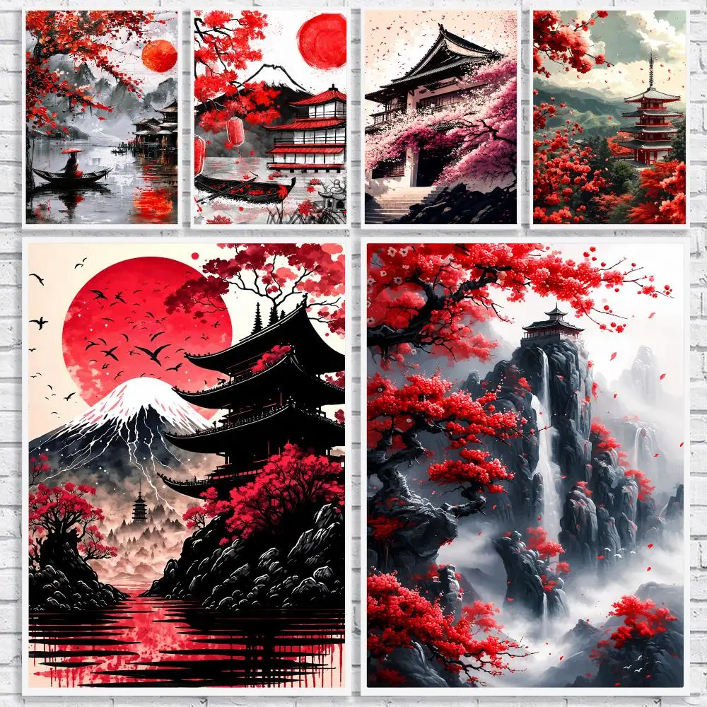 Japanese Fuji Temple Sunset Painting Calligraphy High-Quality Canvas Wall Mural Crease-Free for Living Room Bedroom Interiors