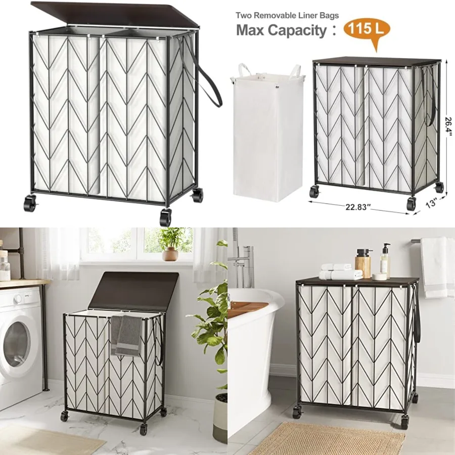 

Laundry Basket with Wheels, Heavy Duty Laundry Hamper with Wood Lid, Clothes Hamper with Divided Removable Liner Bag, Large Cap