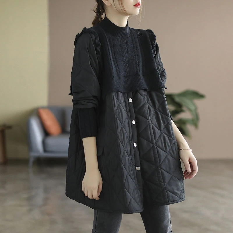 レディースニットロングスリーブサーマルコットンジャケット秋冬スタンドカラースプライシングデザイン快適な韓国風スレコート