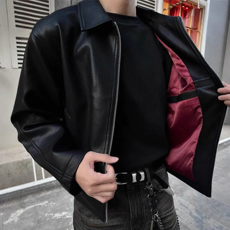 

Streetwear Vintage Men's PU Leather Coats Fall Winter Outdoor Casual Slim Short Jacket Trendy Mens Zipper Lapel Leather Jackets