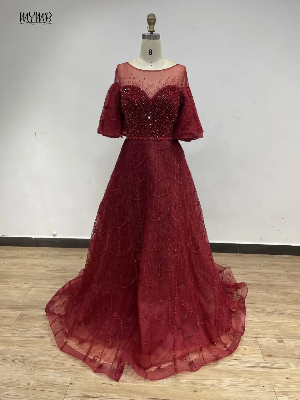 

MYMB Wine Half Sleeves Stunning Beaded Evening Prom Dresses for Special Events 2024 Arabic Gorgerous A-Line Wedding Guest Gowns