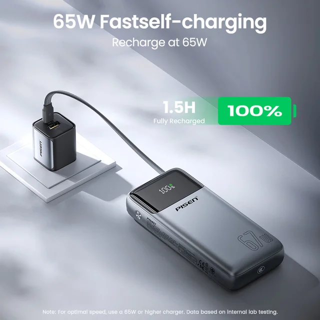 PISEN 20000mAh 67W Power Bank With Fast Charging Cable