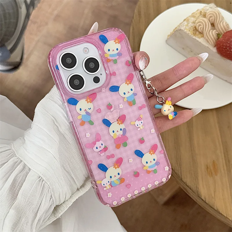 Funda de teléfono con dibujos de Sanrio Usahana, color rosa, fresa, adecuada para Iphone 16/15/14/13, carcasa protectora para teléfono, regalos de animación