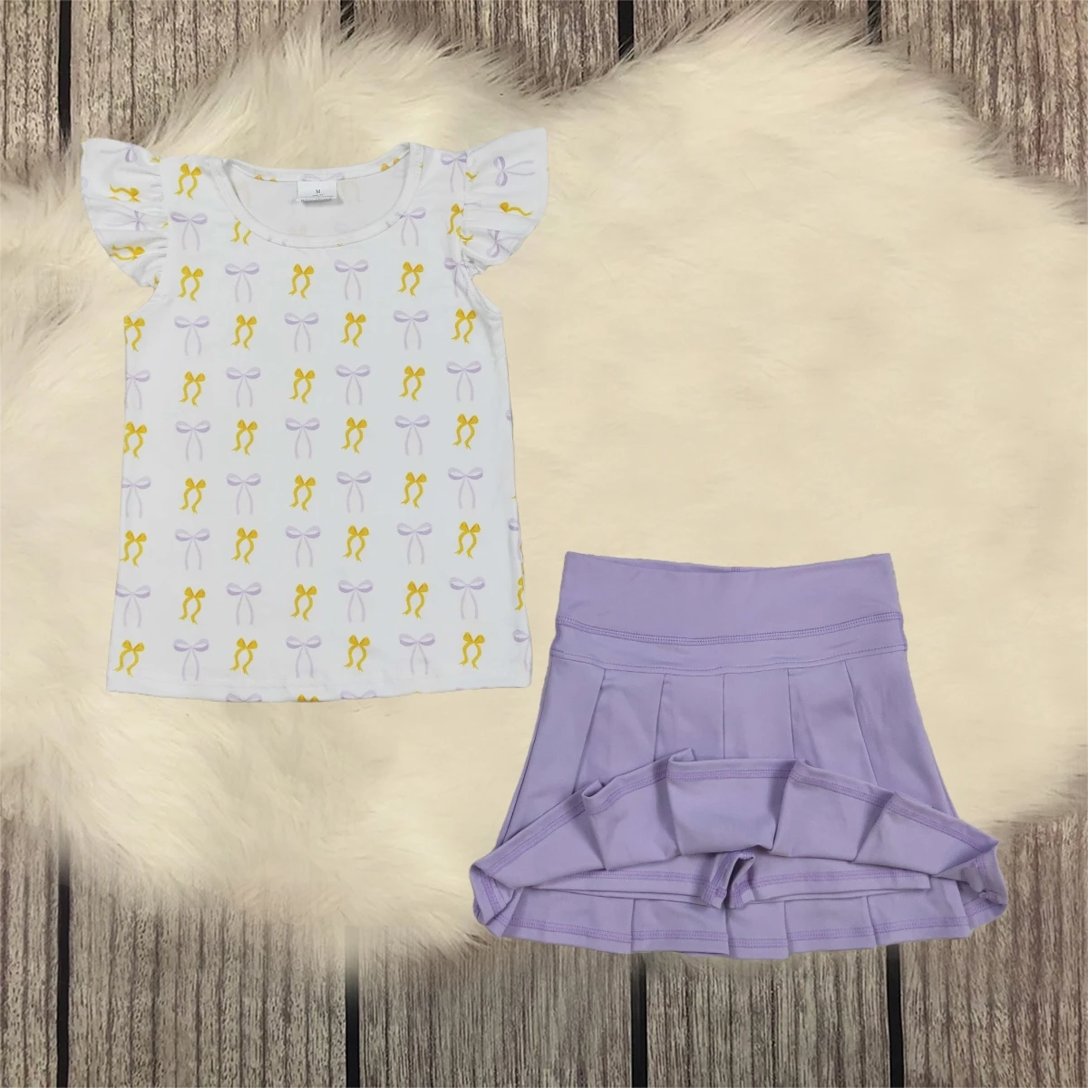 

Baby Girls Yoga Athletic Set Outfit Flutter Sleeve Yellow Lavender Bows Plaid Top Skirt Toddler Summer Active Clothes Wholesale