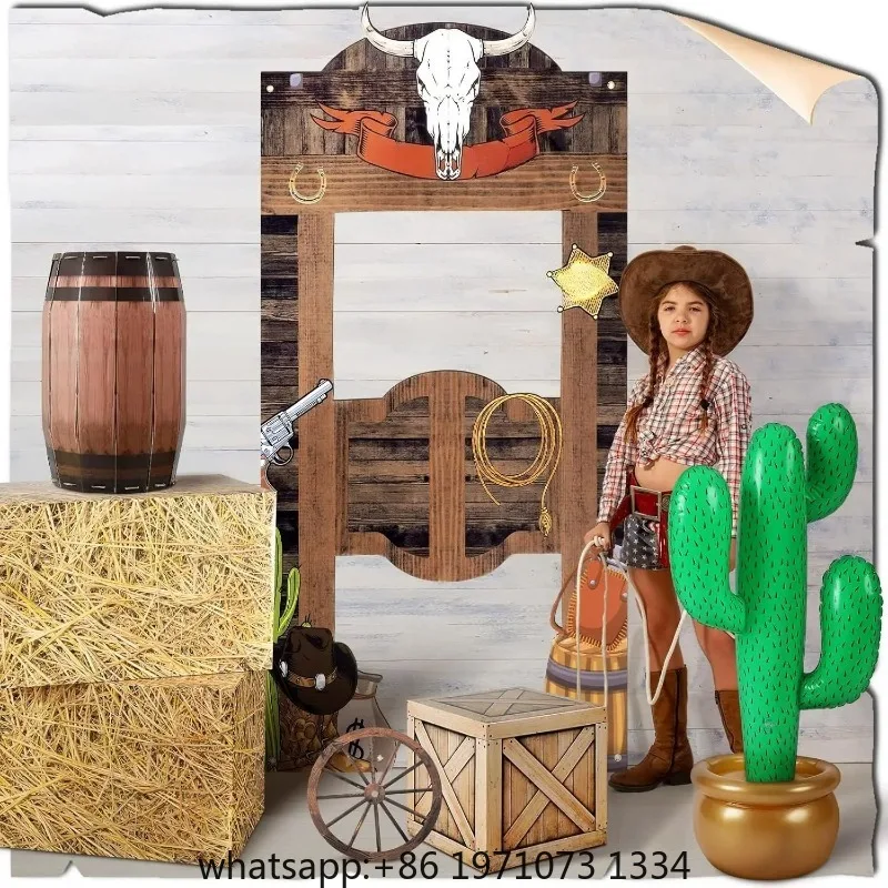 7 Pcs  Decoration Western Backdrop Banner Hay Bales Boxes Inflatable Cactus Prop