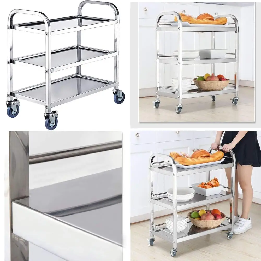 "عربة تقديم من الفولاذ المقاوم للصدأ مكونة من 3 طبقات للنبيذ والشاي - مثالية للمنزل والمطبخ وتناول الطعام في الفندق"