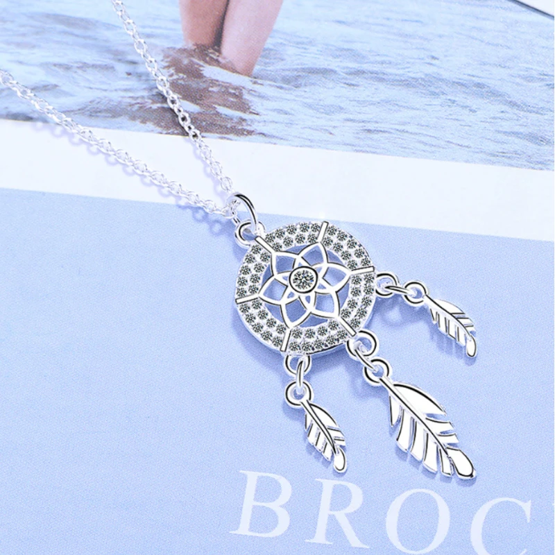 

S925 Sterling Silver Dream Catcher Necklace For Women Simple Carved Zircon Clavicle Pendant Necklace Holiday Jewelry Gift