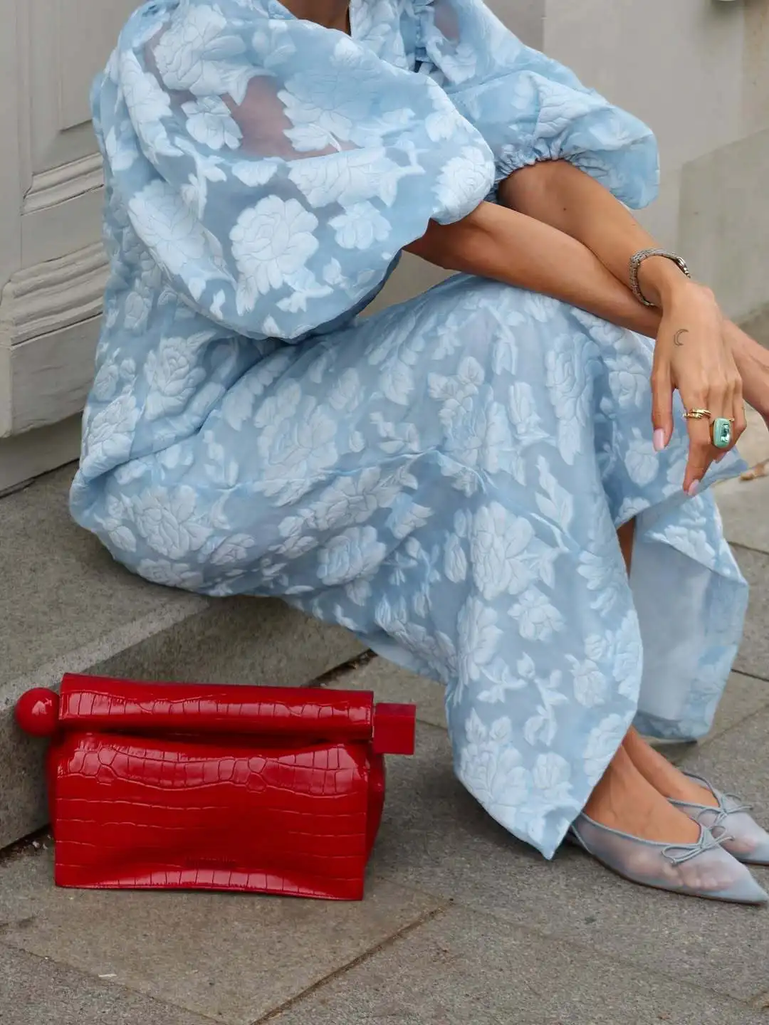 2025 Nieuwe Hemelsblauw Organza Jacquard Reliëf Bubble Mouw Jurk Vrouwen Nieuwe Chinese Stijl Temperament Elegante Lange Jurk