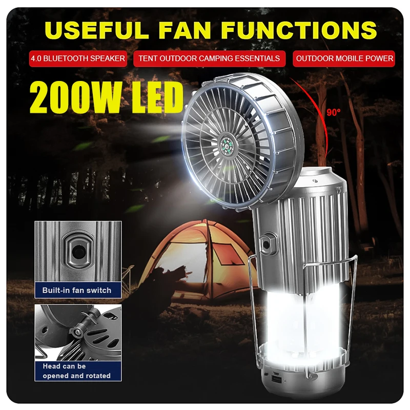 

High Power Solar Camping Lantern USB Rechargeable Fan Camping Light Outdoor Emergency Bluetooth Control Camping Lamp Power Bank