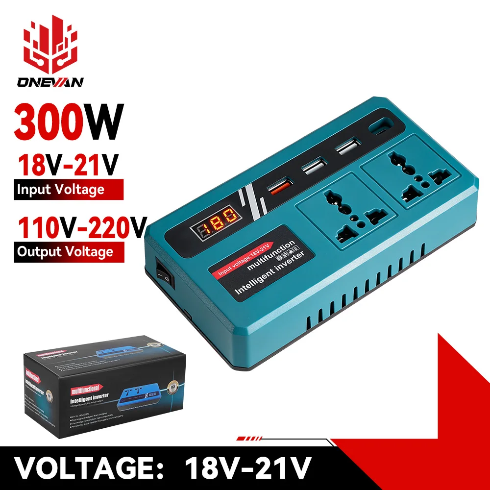ONEVAN 300W Wechselrichter DC 18V-21V zu AC 220V Lithium-Batterie-Wechselrichter mit Doppel-USB-Ladeanschluss für Makita 18V Batterieanschluss