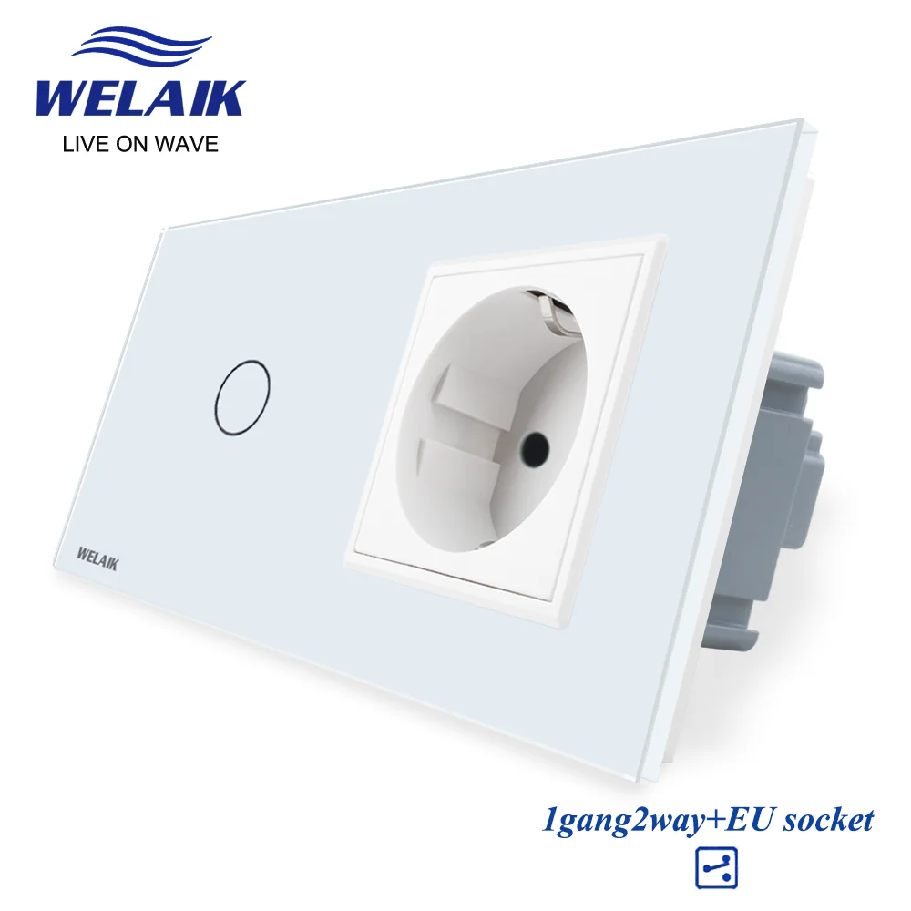 WELAIK EU 2Frame Aisle 1gang2way Tempered Glass Panel Stairs LED Light Wall Touch-Switch 16A Power Socket 220V A29128ECW