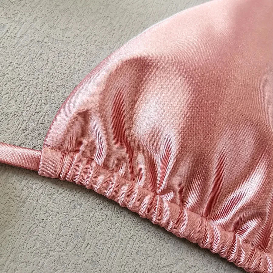 Sexy cetim rosa glitter halter tie string biquinis define duas peças tanga bandagem maiô banho biquini tankini