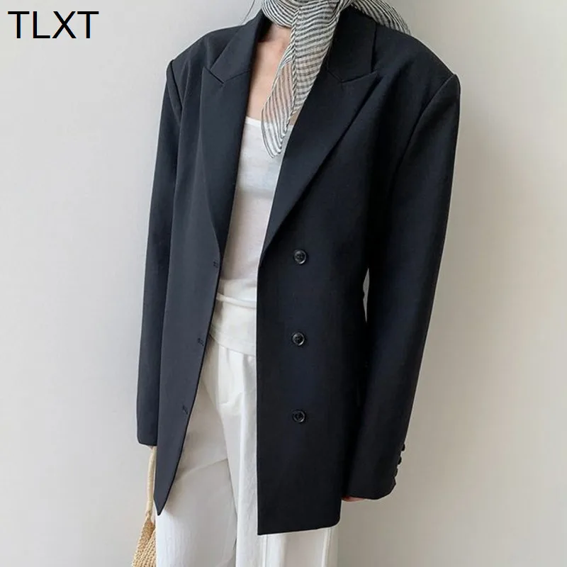 

TLXT женский повседневный блейзер с зубцами и длинными рукавами, однотонная однобортная куртка на шнуровке со сборкой на талии, новинка весны 202, 26Z1428