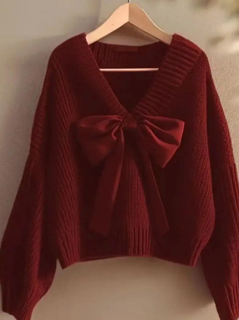 

Autumn Winter V-Neck Knitted Top Loose Fit Knot Color Base Layer Sweater Elegant Lazy Style Women's Fashion