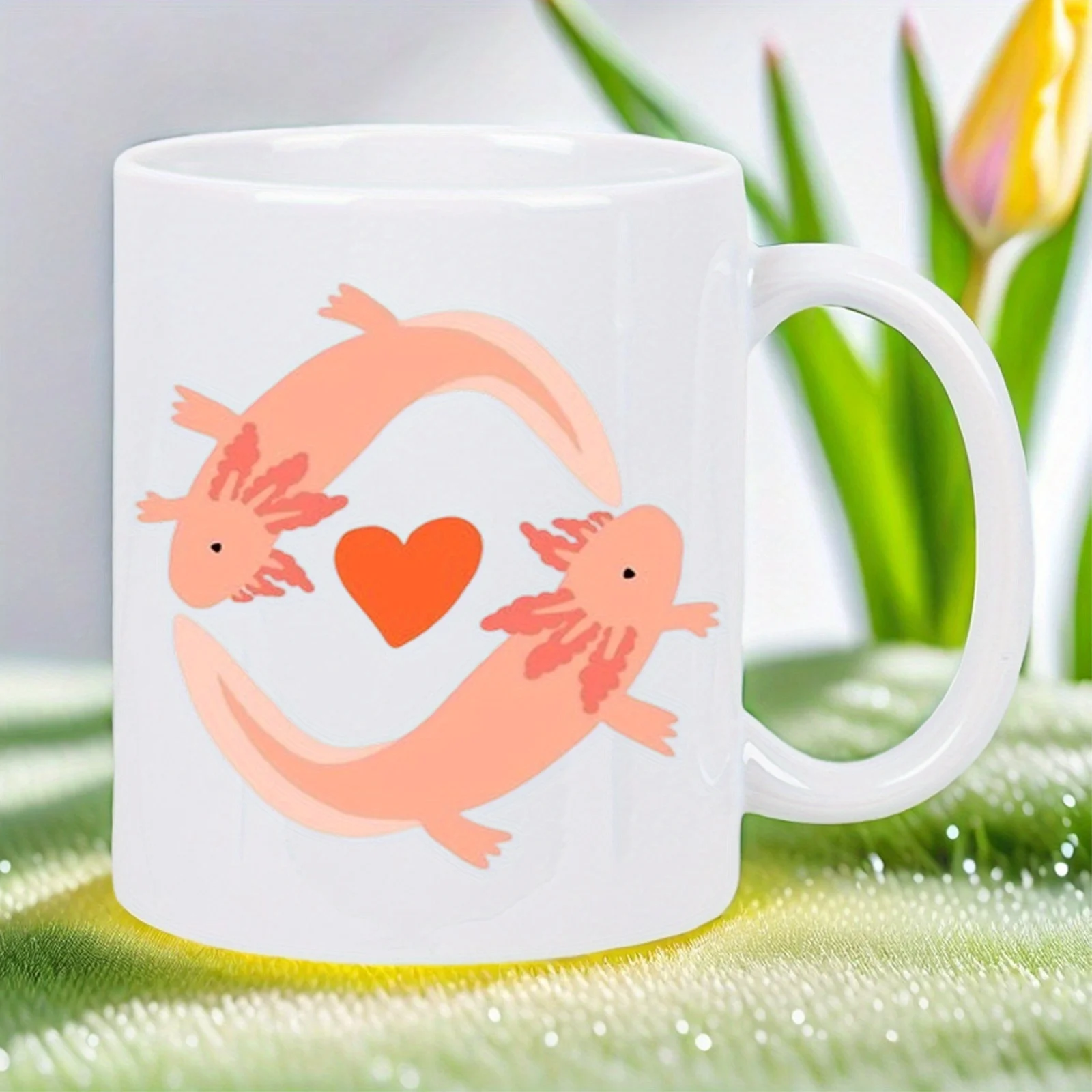 1pc Cute lizard heart ceramic white mug, suitable for home or office use.
