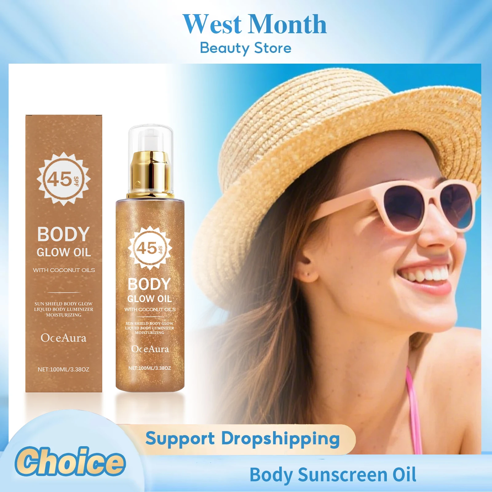 

Body Sunscreen Oil Spf 45 UV Protection Prevent Sunburn Glowing Anti Drying Refreshing Oil Control Coconut Shining Sunscreen Oil