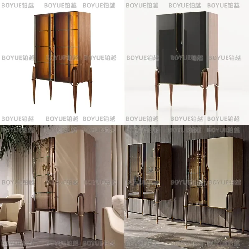Modern Italian Style Glass Door Wine Cabinet with LED Light Luxury Display Storage Unit for Living Room Dining Area Wall