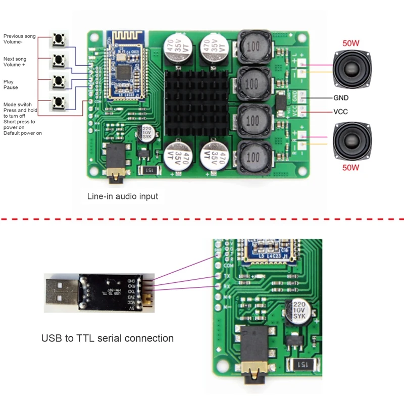 Bluetooth 5.0 Amplifier Board 2X50W Line-In Audio Input Support Serial Port Support Change Name Password