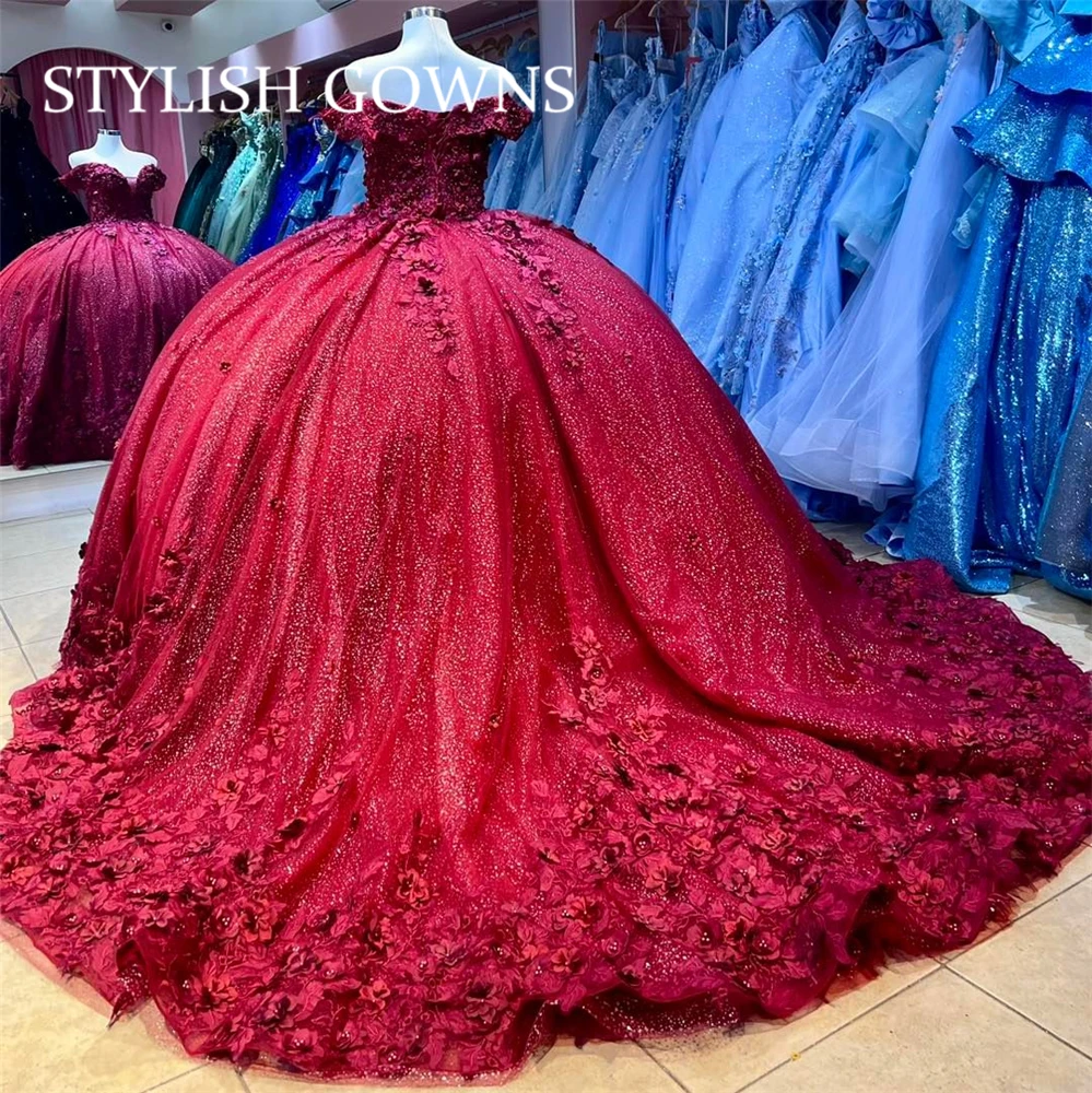 

Mexico Red Off The Shoulder Ball Gown Quinceanera Dress For Girls Ball Beaded 3D Flowers Birthday Party Gowns Tiered Robe De Bal