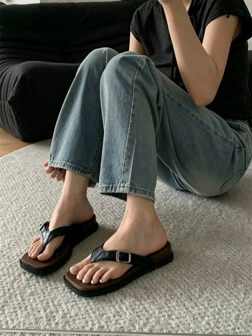 Women Slippers 2026 New Square Toe Platform Flip Flops Women Thick Sole Non Slip Elevated Beach Holiday Clip Toe Summer Sandals