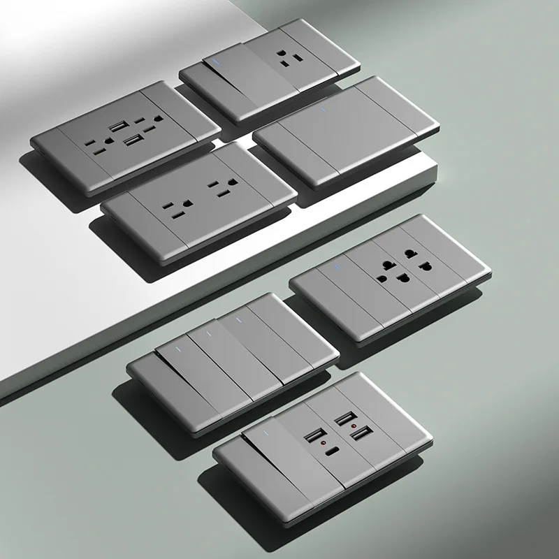 118MM American Grey Ultra-thin Frameless Micro Curved Panel, Fluorescent Indicator And Beautiful, Household Wall Switch Socket