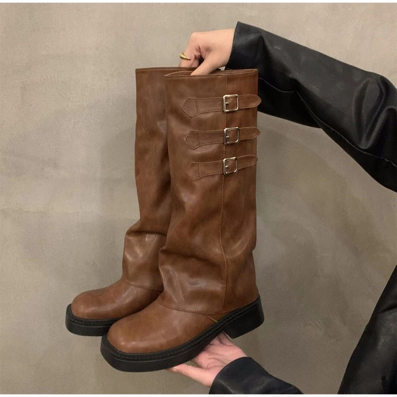 Stiefel mit klobiger Sohle und lockerem Schaft, Vintage-Kniehohe Stiefel mit gestapeltem Absatz für Damen, dicke Plattform, für Herbst und Winter – Detail 4