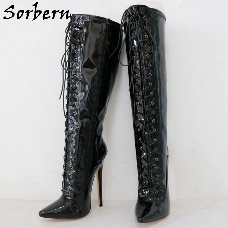 Sorbern 18Cm szpilki buty na wysokim obcasie kobiet do kolan, błyszczące, sznurowane, spiczaste buty Unisex, niestandardowe