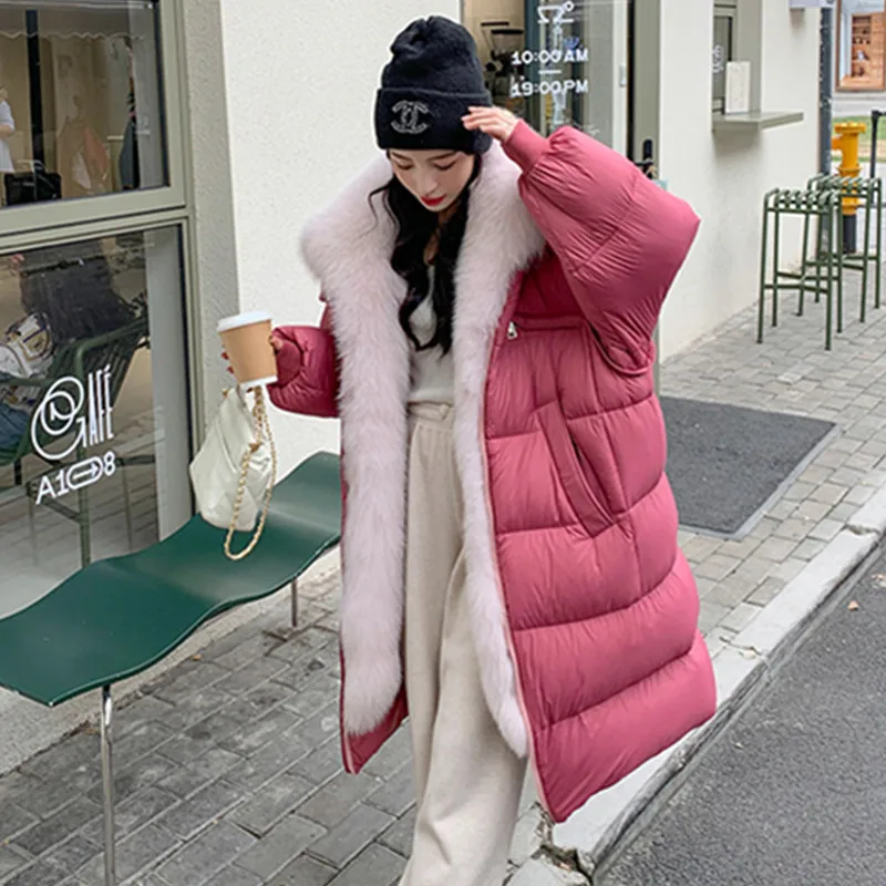 Chaqueta de plumas de ganso con capucha larga de lujo para mujer, abrigos de piel gruesa con cuello de piel de zorro desmontable, novedad de invierno de 2025