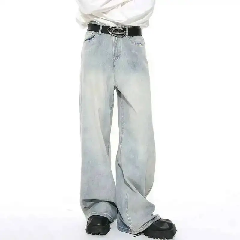 Washed Male Jeans Korean Fashion Worn Out Gradient Color Men's Denim Straight Pants Men Wide Leg Trousers Spring New 9C66J1