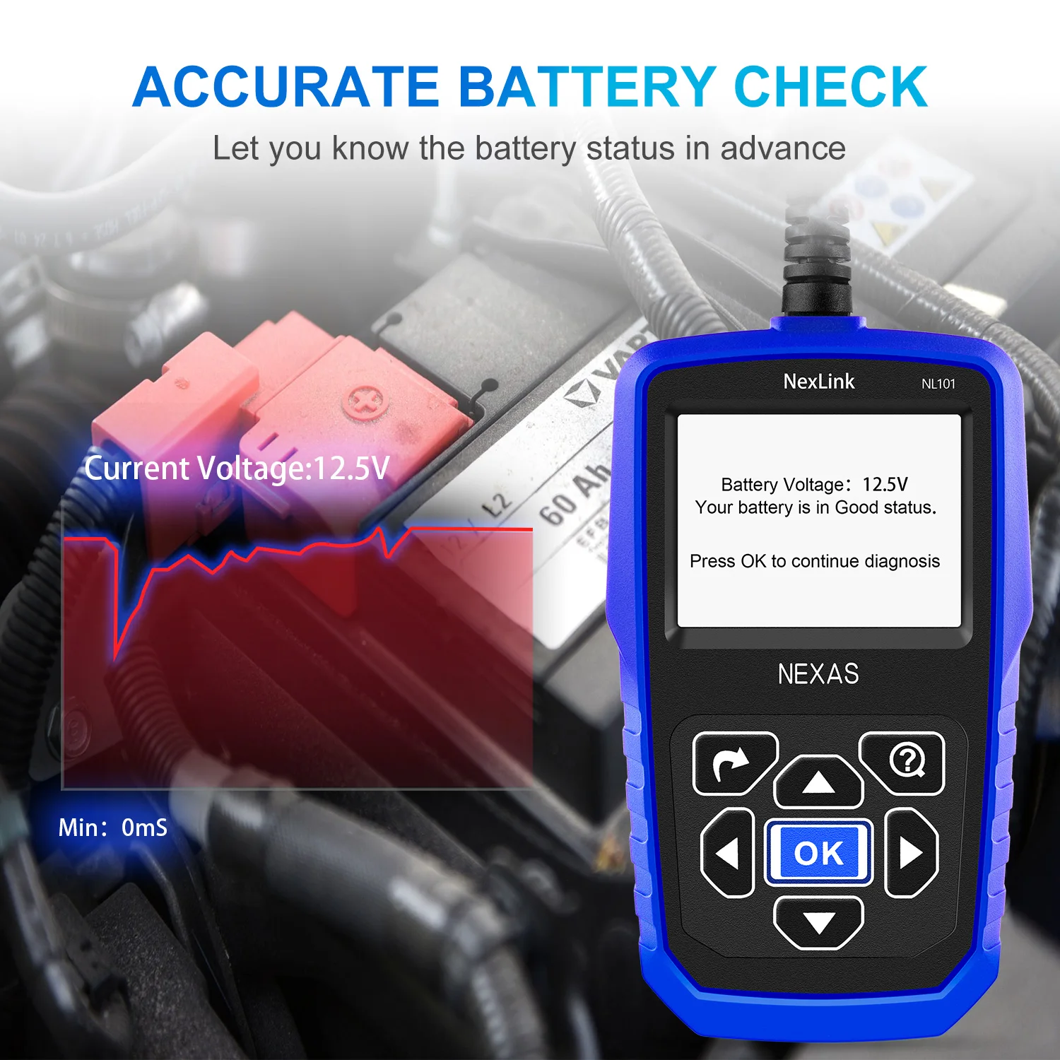 NEXAS NL101 OBD2 Scanner Diagnostic Tool with Battery Test Check Car Engine Light OBDII Function Live Data Stream Code Reader