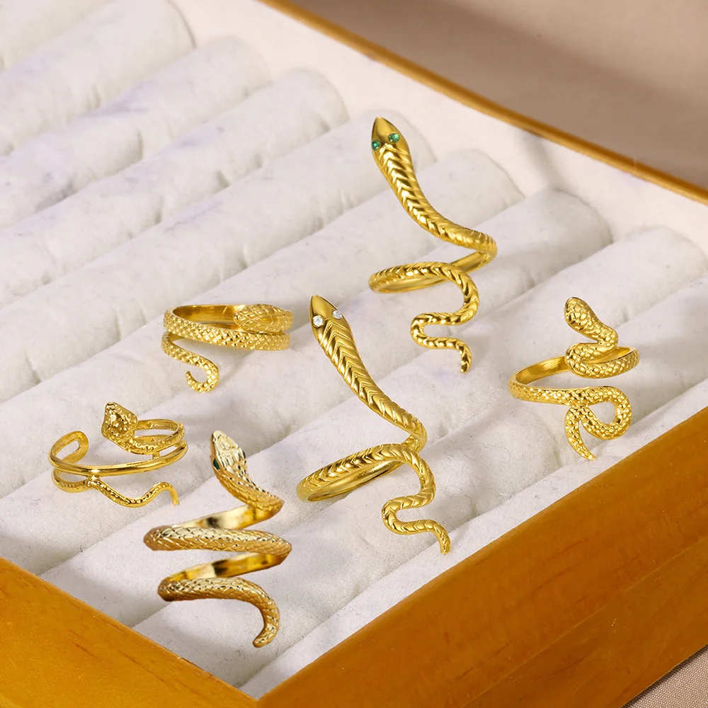 

Fashion Real Snake Zirconia Rings For Women Gold Color Stainless Steel Open Adjustable Ring Jewelry Party Gift Anillos Mujer New