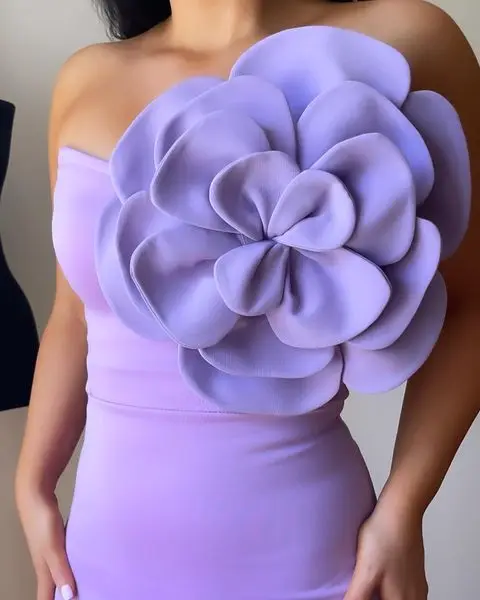 Lindo fúcsia alta elástica meados de vestidos femininos com flor artesanal sem alças bainha vestido de festa formal