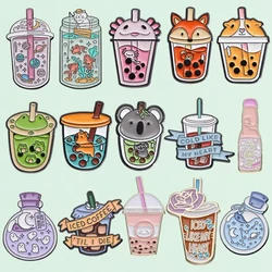 Animal Cute Cup Shape Enamel Pins Kawaii Straw Cup Water Bottle Brooches Metal Lapel Badge Backpack Jewelry Accessories Gift