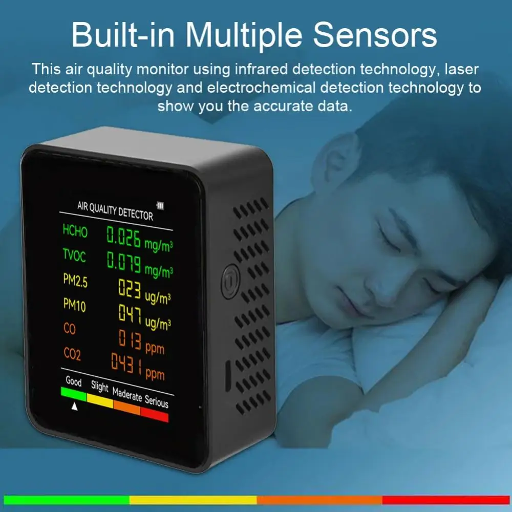 6-in-1 Air Quality Detector PM2.5 PM10 HCHO TVOC CO CO2 Built-in Multiple Sensors Four-color Alarm Formaldehyde Monitor